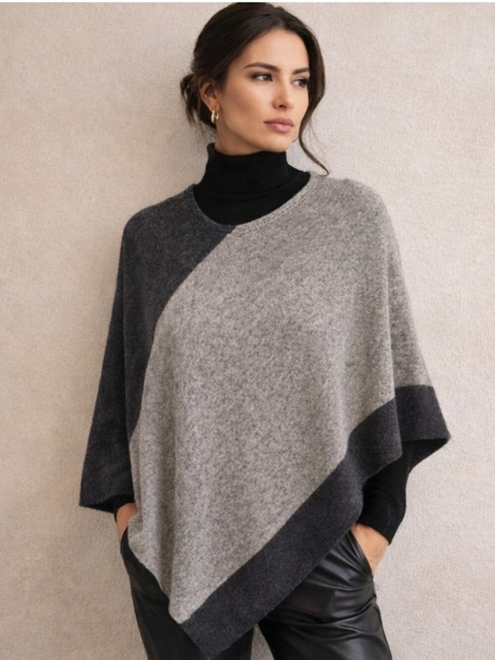 Beryll Cashmere Poncho in Heather Gray and Charcoal Colorblock